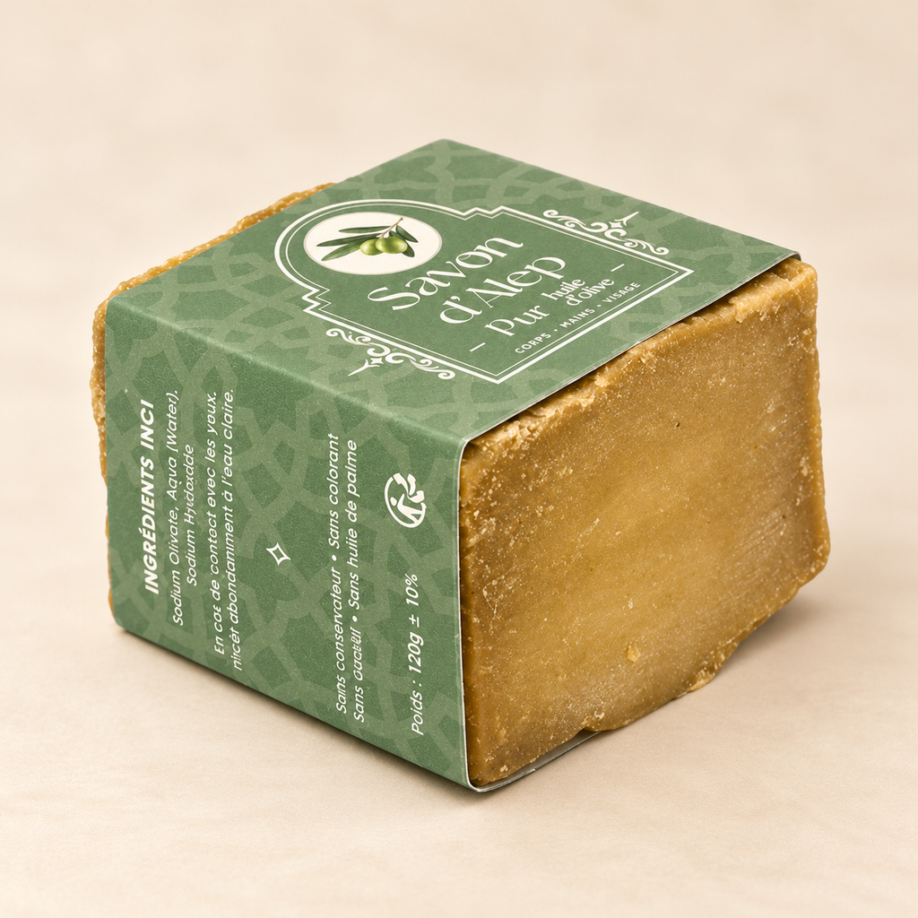Savon d’Alep pur huile d’olive 120 g, vue trois quarts sur fond ivoire