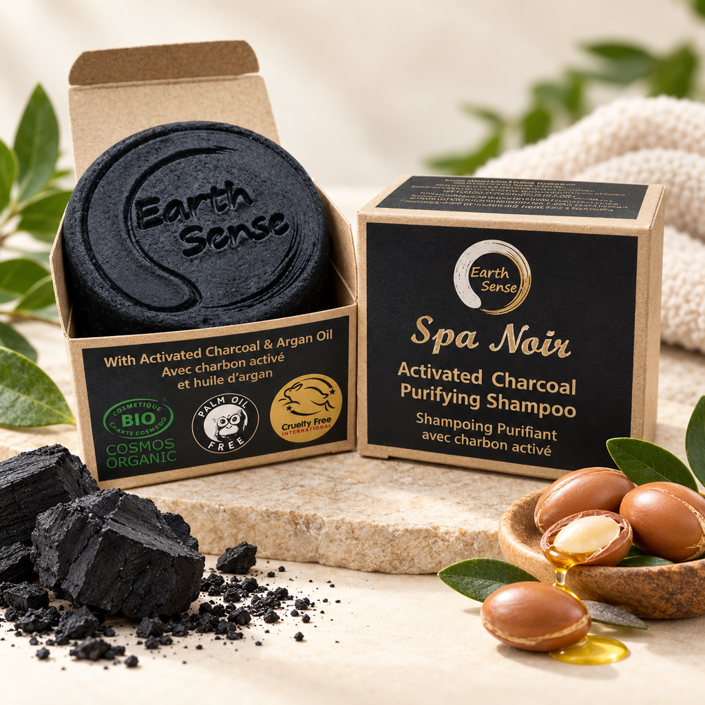 Shampoing solide Spa Noir au charbon actif Earth Sense, pain noir et boîte kraft sur fond ivoire